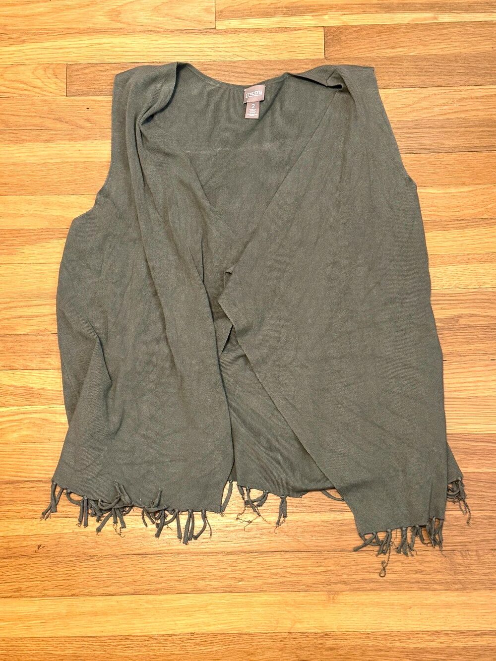 Chico's Women's Gray Perforated Faux Suede Fringe Trim Wrap Size 2